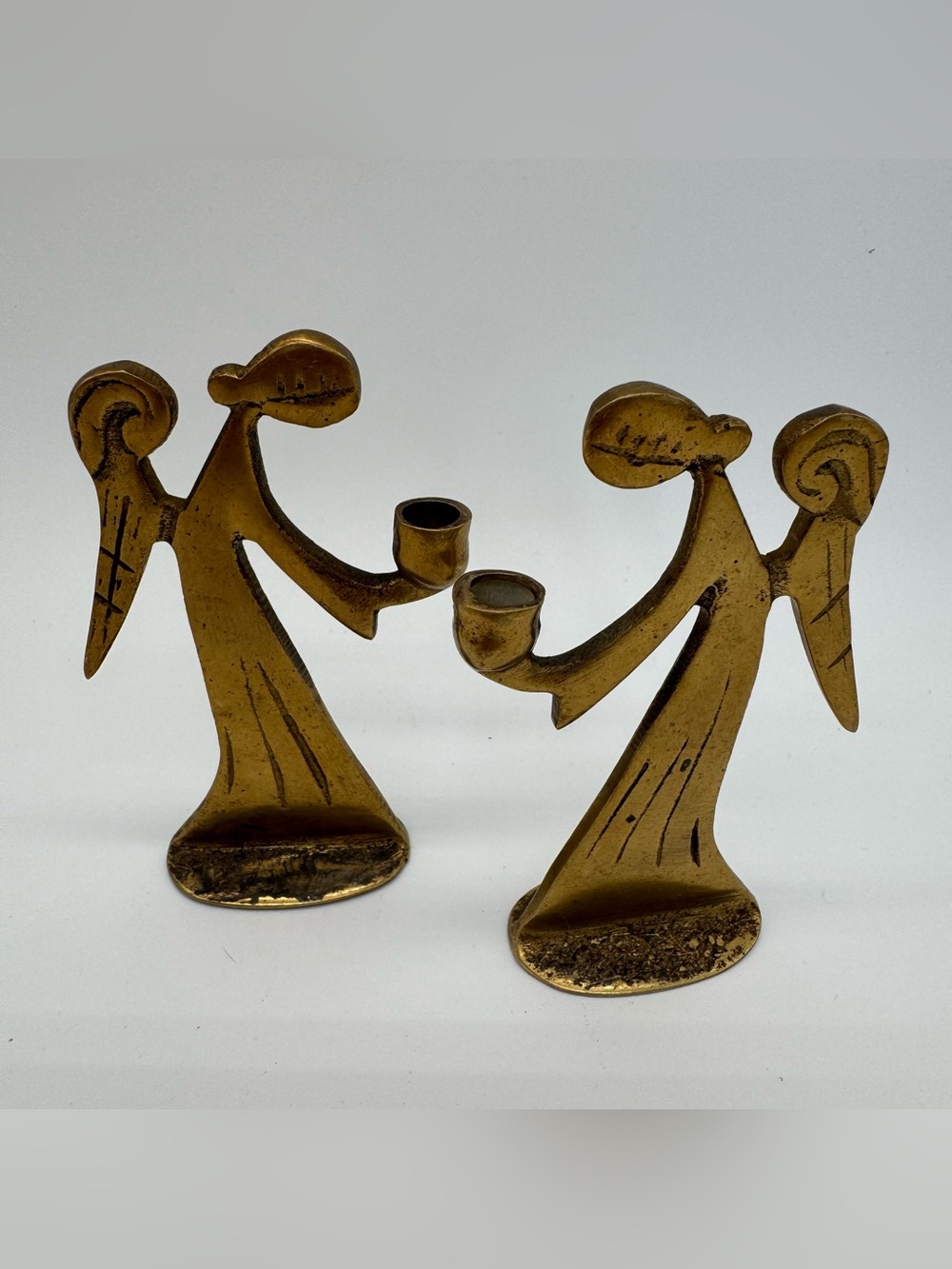 Vintage Mid Century Brutalist Solid Brass Angel Candle Holders Made in Korea - Picture 1 of 8